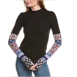 Free People Black Long Sleeve Tee with Patterned Sleeves